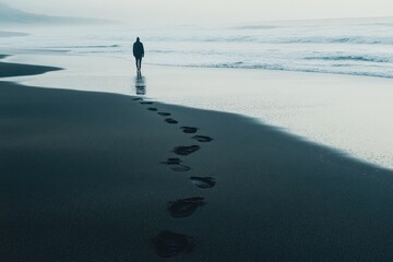 Wall Mural - A Lone Figure Walking Away on a Misty Beach, Leaving Footprints in the Sand