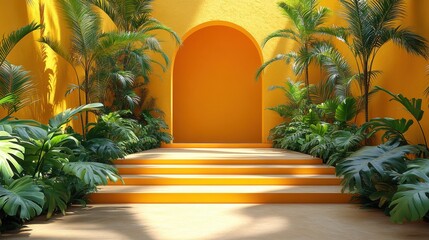 abstract sunny yellow backgroun with arch steps palm leaves shadows an bright sunlight minimal showcase scene for cosmetic product presentation