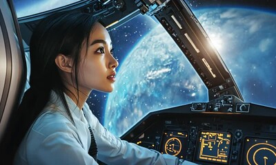 Wall Mural - Female Astronaut Piloting Spacecraft with Earth in View with ai generated.

