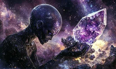 Sticker - Alien Entity Holding Glowing Crystal in Cosmic Scene with ai generated.
