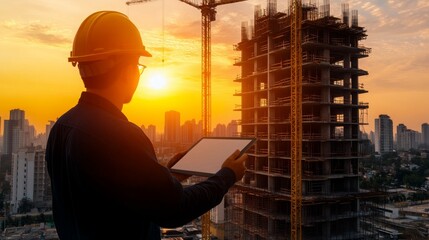 Construction Worker with Tablet at Sunset