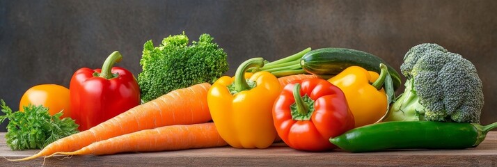 a colorful selection of fresh vegetables, including red bell peppers, yellow bell peppers, carrots, 