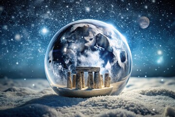 Wall Mural - Winter wonderland snow globe with Stonehenge, moon, and snowflakes