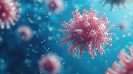 3D virus illustration with spikes on a blue surface, copy space provided.