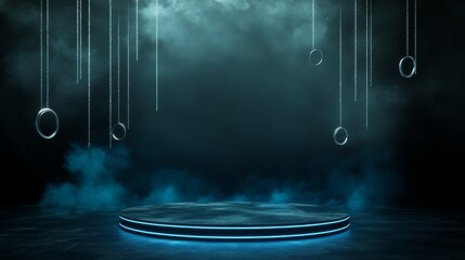 Canvas Print - A dark, mysterious stage illuminated by a glowing blue light with circular platforms and hanging rings, symbolizing power, mystery, elevation, ceremony, and possibility.