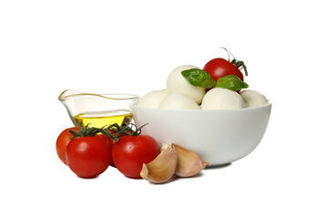 Wall Mural - PNG, Balls of mozzarella cheese and basil in bowl, tomatoes, garlic and bowl of oil, isolated on white background