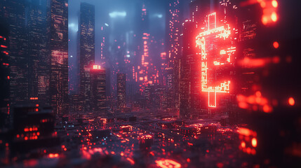 Wall Mural - A cityscape with a large red dollar sign in the middle. The city is lit up with neon lights, giving it a futuristic and vibrant atmosphere. The dollar sign is surrounded by other glowing lights