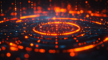 Wall Mural - A glowing orange circle with a blue center. The circle is surrounded by a blurry orange background. The image has a futuristic and abstract feel to it