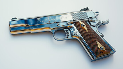 A silver and brown gun with a black grip. The gun is on a white background