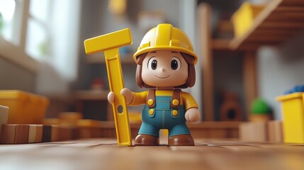 cartoon human han holds yellow level tool professional builder construction icon renovation service 