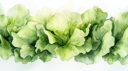 Wall Mural - Watercolor painting of green cabbage leaves on a white background.