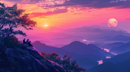 design a tranquil scene of travelers watching the sunset from a hidden viewpoint