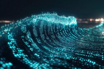 Conceptual image of businesses overcoming a tsunami wave made of binary code, digital crisis, business resilience