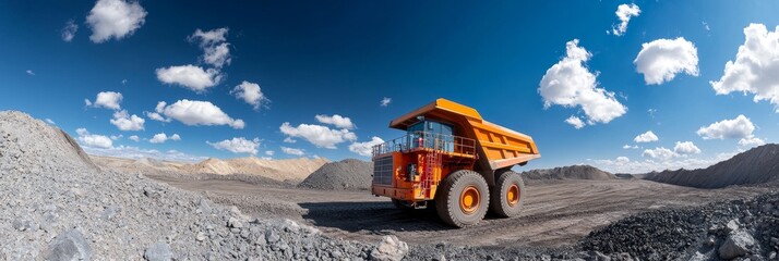 A large mining truck, likely used for transporting ore or other materials, sits in a quarry setting under a blue sky with white clouds. The truck is parked and surrounded by rock and dirt. The image s