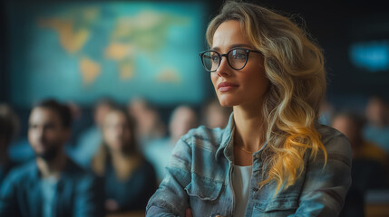 Wall Mural - A woman with long blonde hair and glasses is sitting in a room with a group of people. She is looking at something, possibly a presentation or a screen. The room is filled with people