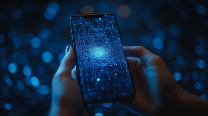 Wall Mural - a person is holding a cell phone with a blue screen that has a star on it. concept of wonder and cur