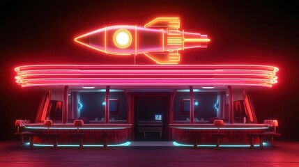 A vibrant retro diner adorned with neon lights and a rocket design, evoking a nostalgic and futuristic dining experience.