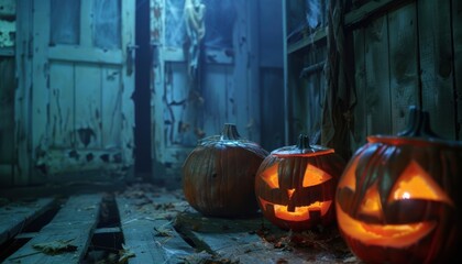 Haunted house with spooky jack-o'-lanterns glowing eerily in a dimly lit, rustic room, surrounded by eerie shadows.