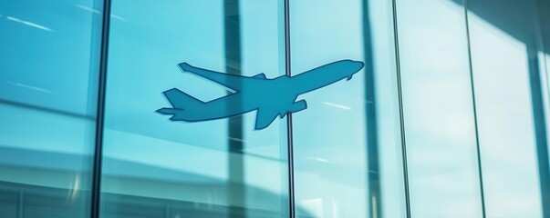 Stylish airport glass wall with airplane silhouette, capturing modern travel and design aesthetics in an urban setting.