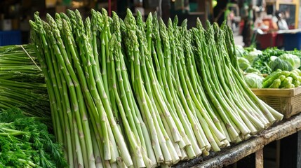 A display of freshly harvested asparagus (Asparagus officinalis), with long, tender stalks