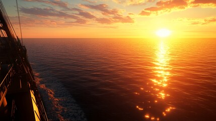 Wall Mural - A ship sails across the ocean at sunset with the sun reflecting off the water.