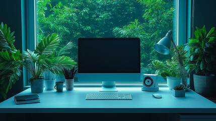 Wall Mural - a computer desk with a monitor, keyboard, mouse, and a small fan. the desk is surrounded by potted p