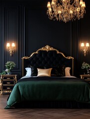 A luxurious bedroom with black walls, gold accents, and emerald green bedding. The room is adorned with a large crystal chandelier, ornate headboard, and sleek nightstands.  The design evokes a sense 