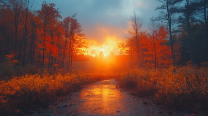 Wall Mural - A forest with a path leading through it. The sun is setting and the sky is orange. The trees are full of leaves and the ground is wet