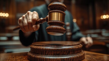 The judge's hand holds the gavel, ready to bring it down on the altar in front of them. The scene is set in a courtroom with warm lighting