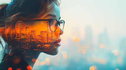 Wall Mural - A woman wearing glasses is looking at a city skyline. The image is a creative representation of the city, with the woman's face and glasses acting as a lens to view the buildings