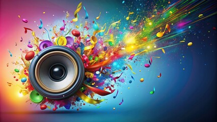 Colorful, vibrant exploding party speaker with music notes flying out, party, speaker, exploding, music, notes, colorful