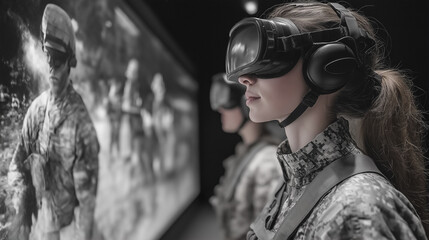 A woman wearing a VR headset is looking at a screen with a soldier on it. The woman is wearing a military uniform and she is in a virtual reality simulation