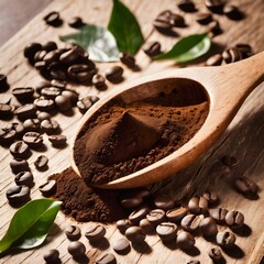 Wall Mural - Ground coffee powder in a wooden spoon with coffee beans and leaves nearby
