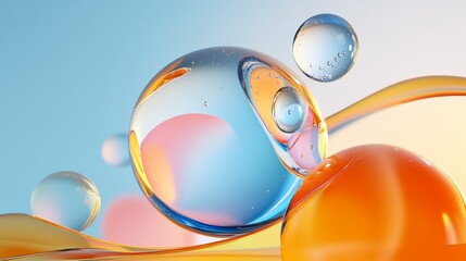 Canvas Print - A mesmerizing abstract image showcasing colorful liquid spheres with water droplets suspended in a vibrant, ethereal atmosphere. The spheres evoke concepts of fluidity, transformation, and interconnec