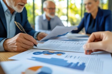 Advisors passing around printed case studies on successful ESG funds and discussing strategies, ESG funds, investment planning