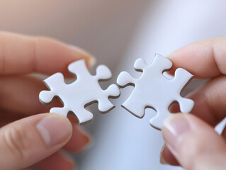 Hands connecting two white puzzle pieces, symbolizing teamwork, collaboration, and problem-solving in a creative environment.