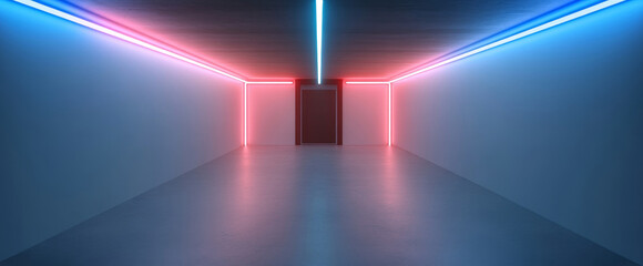 Canvas Print - A modern, minimalist hallway illuminated by vibrant pink and blue neon lights, creating a futuristic and stylish atmosphere. The glowing lines on the walls and ceiling add a dynamic touch, while the s