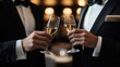 © ImagePulse - Close-up of business executives in black-tie suits clinking glasses and celebrating their success in a dimly lit lounge, executive celebration, formal event