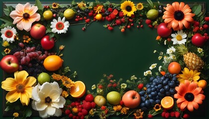 Vibrant frame adorned with blooming flowers and fresh fruits