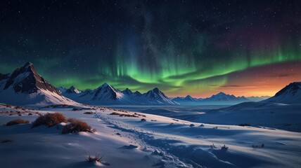 A realistic illustration of the natural phenomenon of the aurora in the night sky around the North Pole and South Pole