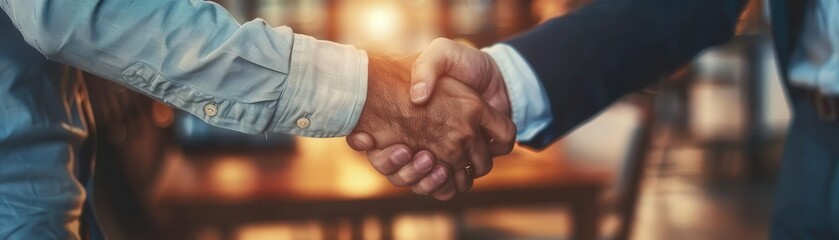 Close-up shot of a handshake between two business professionals in an office setting, symbolizing agreement, partnership, and teamwork.