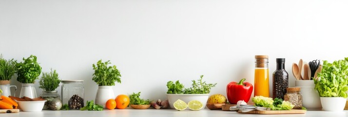 Eco-Friendly Minimalist Kitchen with Plant-Based Ingredients for Sustainable Cooking Practices on White Background with Copy Space