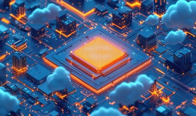 A glowing orange processor chip surrounded by a futuristic city of buildings, wires, and clouds.