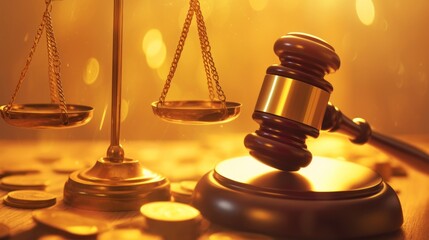 Golden scales of justice and wooden gavel on table with blurred gold coins background. Modern law or legal concept, finance or legal issues