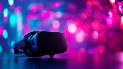 A sleek VR headset lies on a reflective surface bathed in vibrant pink and blue neon lights, symbolizing the immersive world of virtual reality, technological advancement, digital entertainment, and f