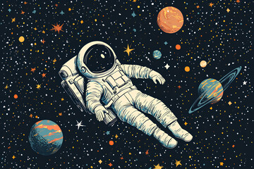 Wall Mural - An astronaut floats in space surrounded by colorful planets and stars.