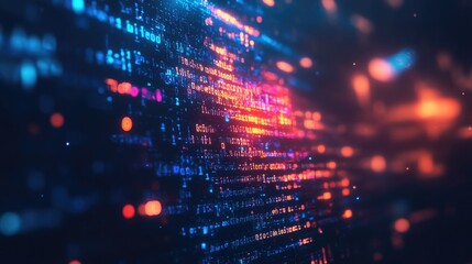 Abstract digital code with glowing lights and a dark background.