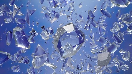 Abstract Blue Background with White Crystal Fragments Floating in Circular Shapes, Representing AI Technology and Artificial Intelligence Concepts, Unreal Engine 5 Style, Dynamic Speed Effects with Il