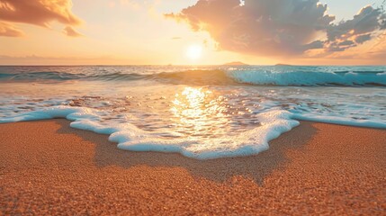 Wall Mural - Foamy Ocean Wave Crashing on Sandy Beach at Sunset