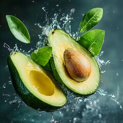 Wall Mural - Fresh Avocado Halves with Splashing Leaves on Dark Background